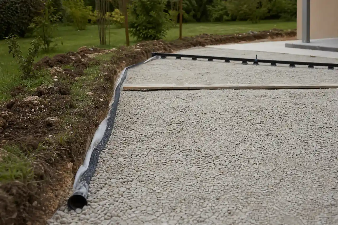 Gros plan sur une fondation drainante et un lit de pose en gravier avant la pose des lames, chantier de terrasse sur sol argilo-calcaire du Berry.