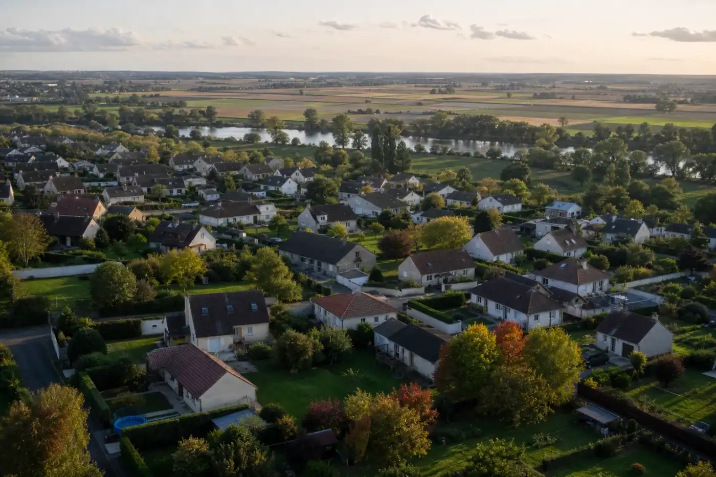 Vue aérienne basse d'un quartier pavillonnaire de la couronne de Châteauroux : jardins verts contigus, haies taillées, la plaine céréalière du Berry et les rives de l'Indre en arrière-plan, lumière de fin d'après-midi.