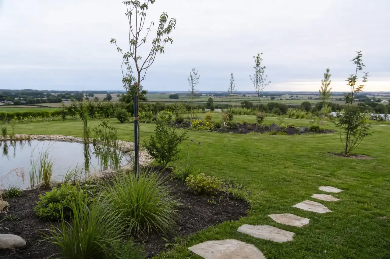 Photo d'un jardin récemment créé en périphérie de Châteauroux, ouvert sur la plaine du Berry, horizon bas et lumière douce de fin de journée, massifs jeunes et arbres fraîchement plantés sur un sol clair argilo-calcaire.