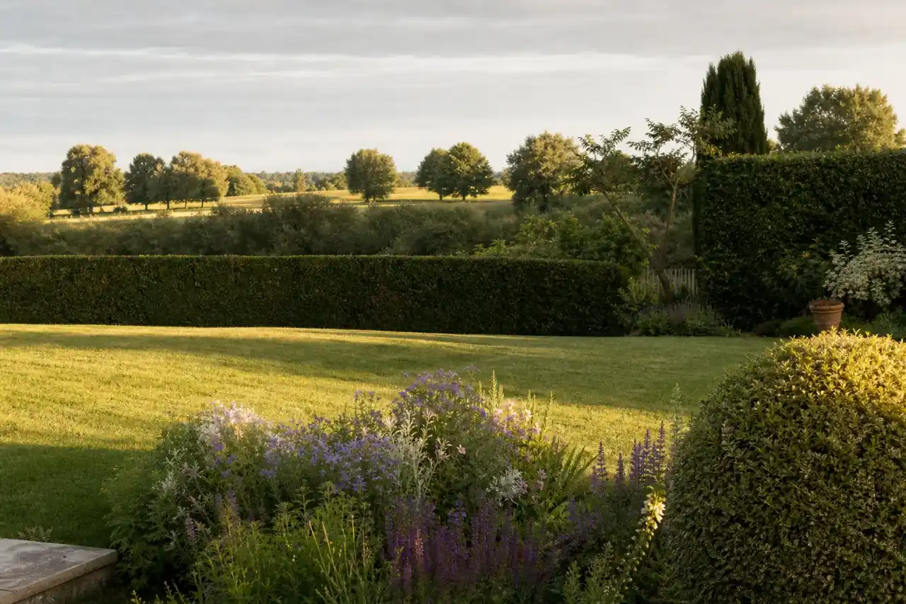 Jardin de particulier castelroussin vu depuis la terrasse : pelouse dense fraîchement tondue, haie de charmille taillée net, massif fleuri de vivaces au premier plan, lumière rasante dorée, aucune personne visible.
