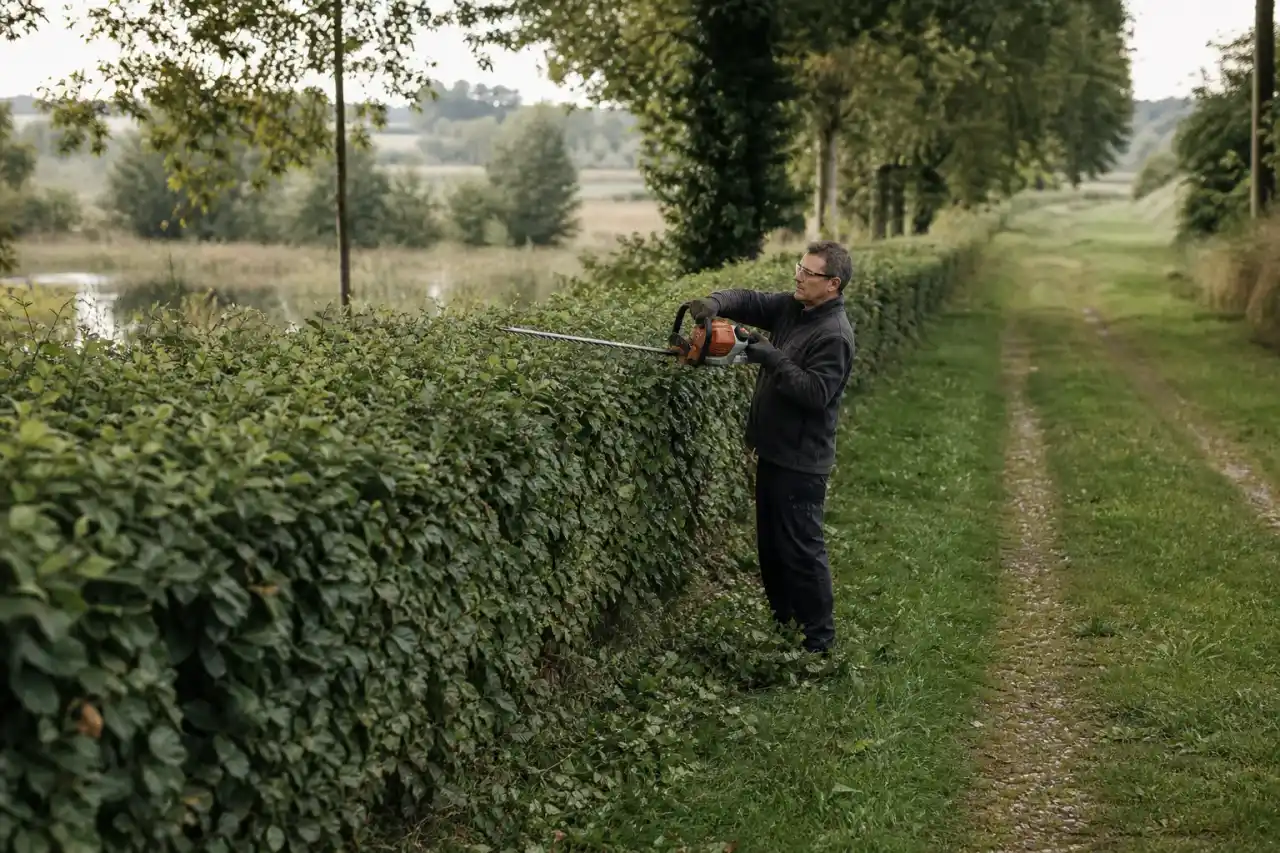 Jardinier taillant une longue haie de charme le long d'un chemin creux du Boischaut, au sud de Châteauroux, lumière basse et douce du Berry, bocage humide en arrière-plan.