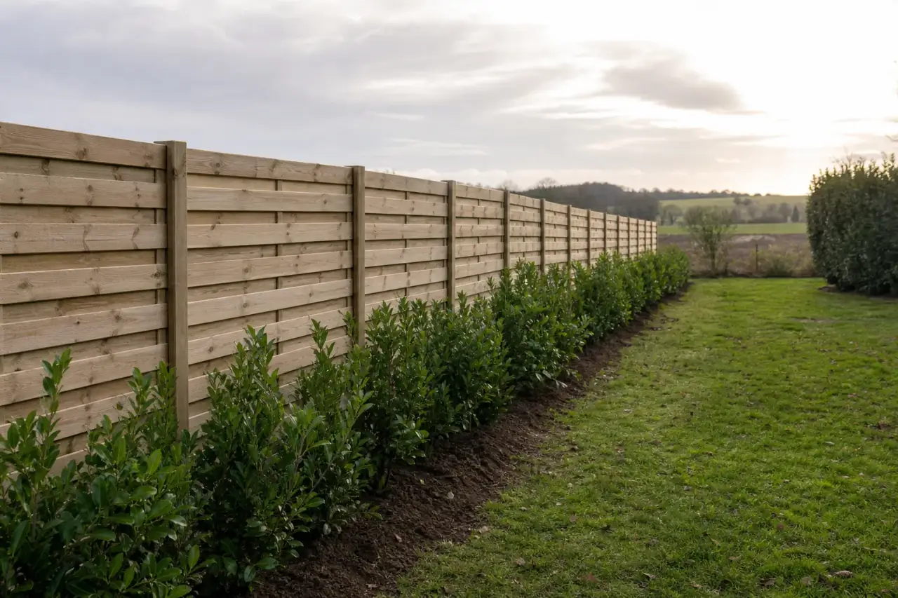 Clôture bois et haie vive fraîchement posées le long d'un jardin pavillonnaire en lisière du bocage du Boischaut, près de Châteauroux dans l'Indre, lumière basse de plaine berrichonne, horizon dégagé.