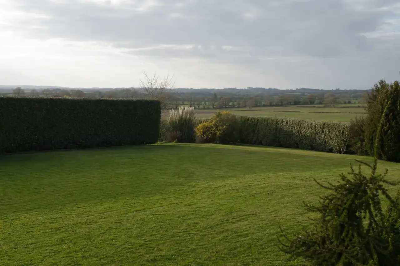 Jardin pavillonnaire en bordure de Châteauroux, pelouse fraîchement tondue et haie taillée bien nette, lumière basse de la plaine berrichonne, horizon ouvert sur le bocage, ambiance calme et légèrement humide du Berry.