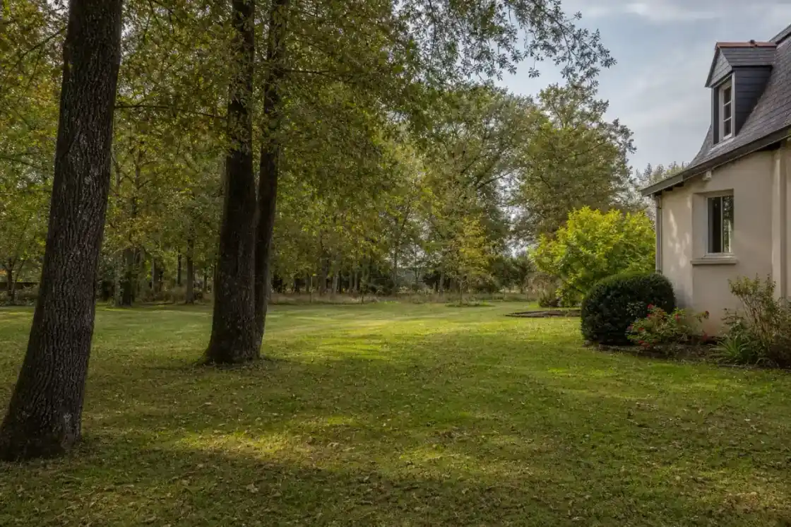 Jardin pavillonnaire soigné au Poinçonnet en lisière de la forêt domaniale, pelouse bordée de grands chênes, lumière douce d'automne, cadrage large au niveau du sol.
