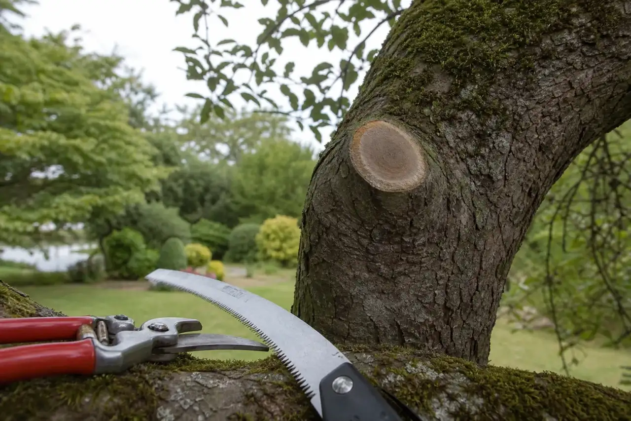 Coupe nette d'une branche au ras du bourrelet sur un feuillu de plaine du Berry, sécateur de force et scie d'élagage posés, gros plan sur la plaie soignée.