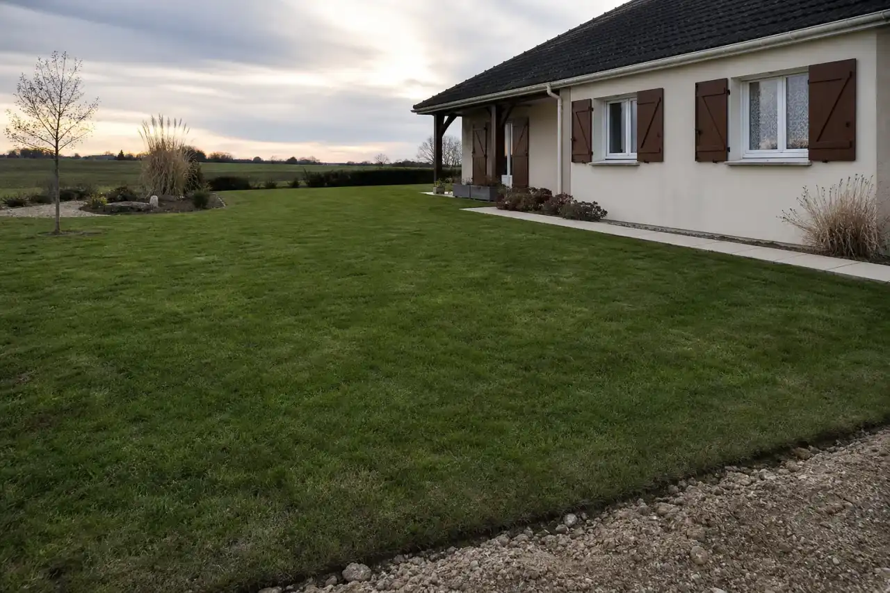 Pelouse neuve fraîchement engazonnée devant une maison de plain-pied castelroussine, plaine du Berry en arrière-plan, terre argilo-calcaire claire visible en bordure, lumière basse et douce de fin d'après-midi typique de la plaine de Châteauroux.