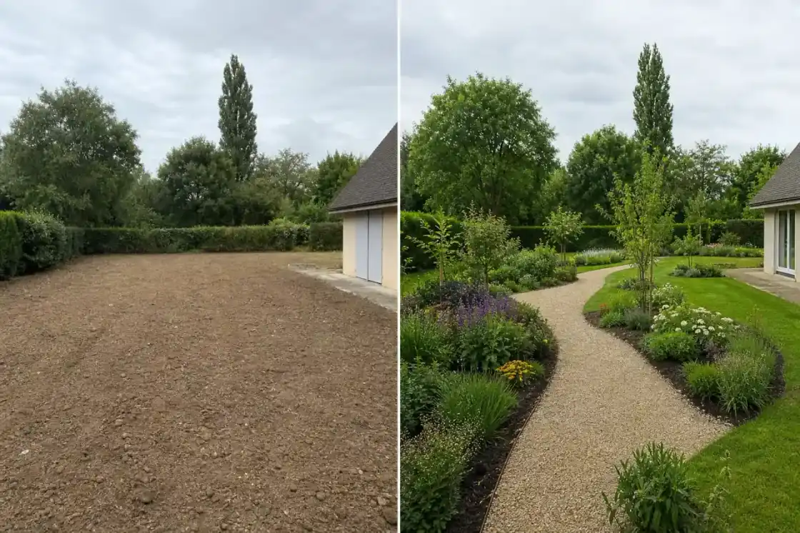 Photo avant-après d'un terrain nu castelroussin transformé en jardin structuré, avec massifs, allée et jeunes arbres adaptés au climat du Berry.