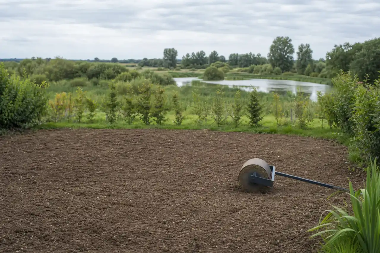 Terrain en cours de préparation avant semis dans le Berry : sol décompacté et affiné au râteau, rouleau de jardin posé de côté, jeune haie de bocage frais en arrière-plan sous un ciel bas.