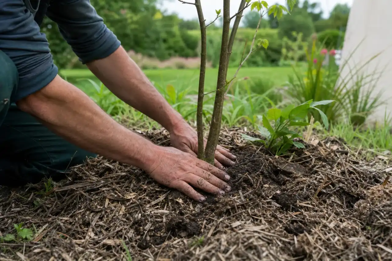 Gros plan sur une plantation d'essences locales en sol du Boischaut, paillage de broyat au pied et mains du paysagiste tassant la terre autour du sujet.
