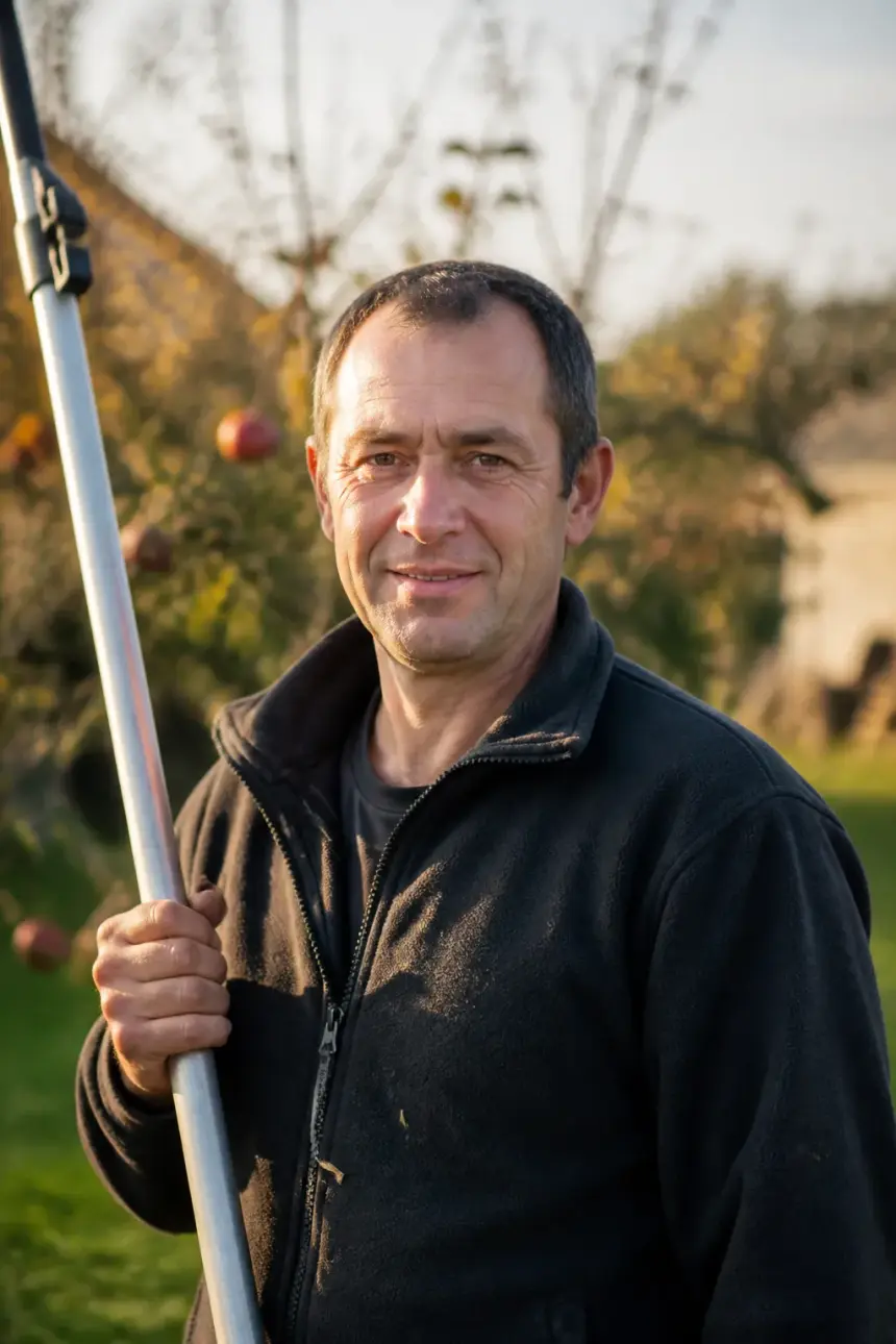 Portrait d'un homme d'une cinquantaine d'années, veste polaire de travail, une perche d'élagage à la main, arbre fruitier de jardin flou derrière lui, sourire discret, cadrage buste, lumière chaude.