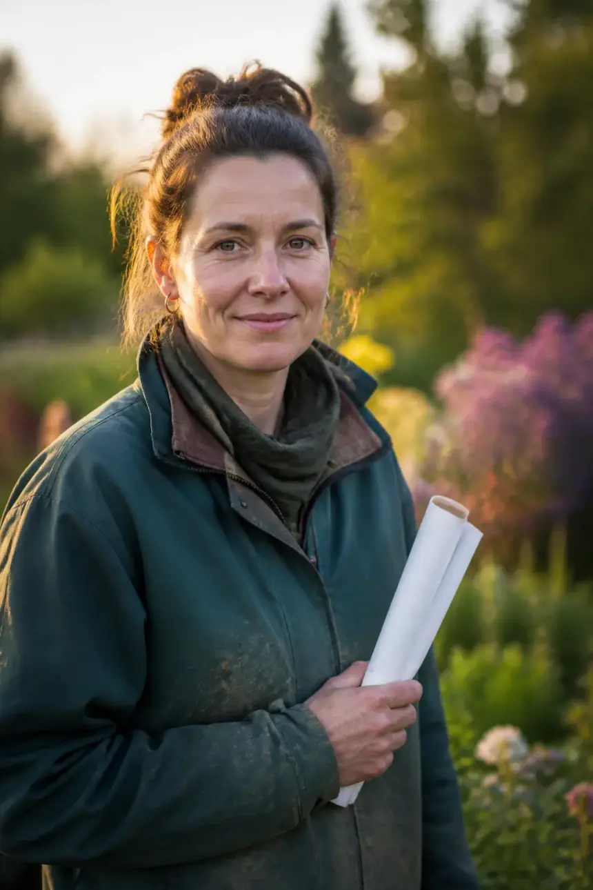 Portrait en extérieur d'une femme d'une trentaine d'années, veste de travail, un plan de jardin roulé à la main, massif fleuri de vivaces flou derrière elle, expression posée et avenante, cadrage buste, lumière de fin de journée.