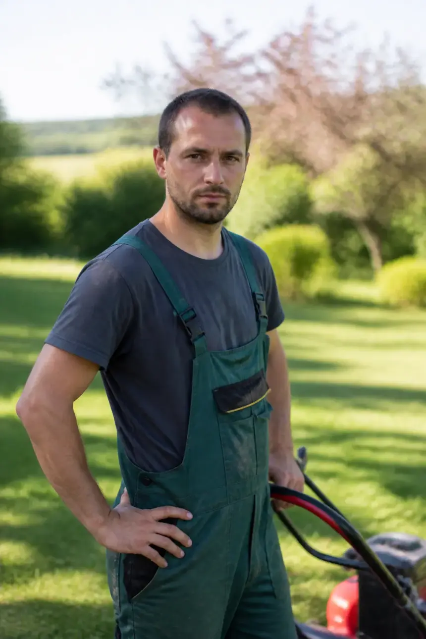 Portrait d'un homme d'une trentaine d'années en tenue de jardinier, debout près d'une tondeuse thermique, pelouse fraîchement tondue en arrière-plan flou, regard franc, cadrage buste, ambiance de matinée claire.